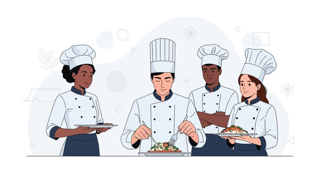 Diverse Team of Chefs Preparing and Presenting Food in a Modern Kitchen Setting