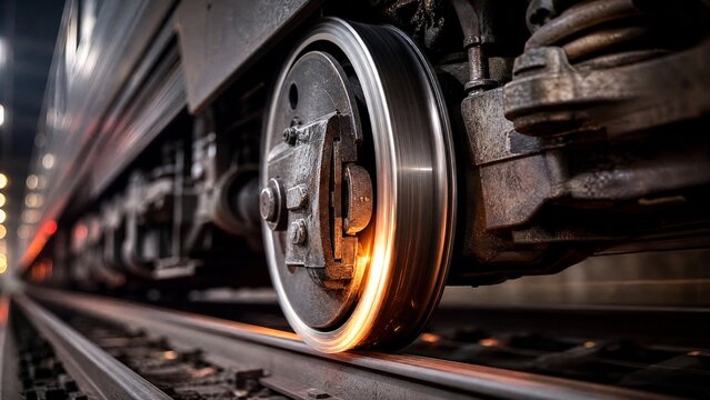 friction. Train wheel and brake mechanism with glow from friction, industrial setting. mobility guides, transit brochures, designed for mobility and urban transit guides.