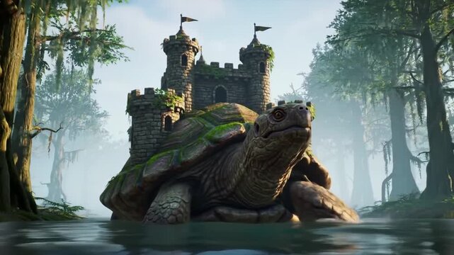 Fantasy giant turtle with stone castle on its shell.