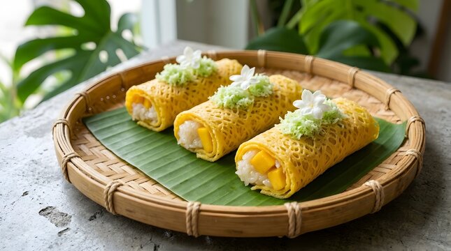 Sweet Roti Jala Lace Crepes Filled with Mango Sticky Rice on Banana Leaf Basket
