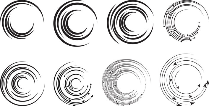 Modern digital cyber arrow track swirl graphics bundle and creative technological futuristic radar orbit identity design asset. Minimalist future velocity processing rotational emblem shapes, corporat