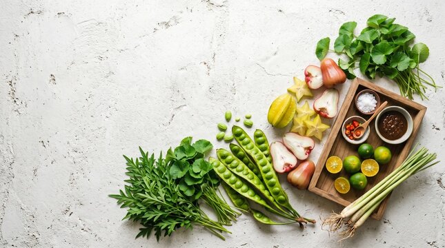 Traditional Malaysian Ulam and Tropical Fruits Flat Lay on White Concrete Background with Copy Space