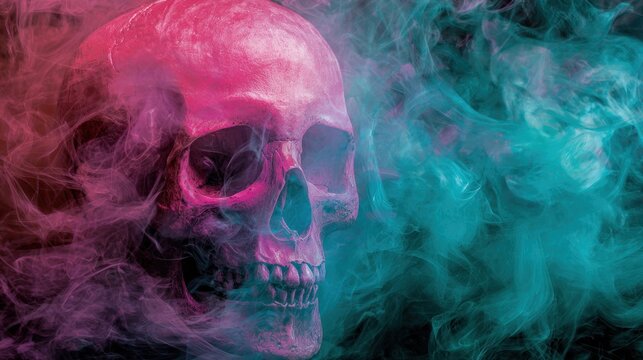 Human cranium emerges dramatically from vibrant pink and cyan colored mist