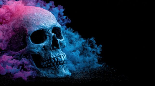 Human skull emerges from vibrant blue and magenta smoke against a dark background