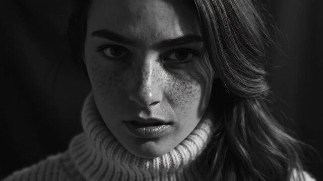 Dramatic monochrome portrait of freckled woman wearing turtleneck sweater