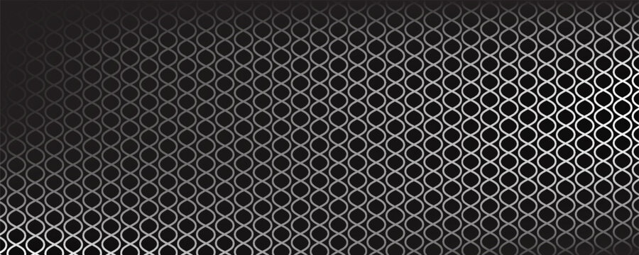 Black circular dots on white background. Mosaic holey print. Perforated metal texture. Peg board, radiator or speaker grill surface with repeated round holes. Vector graphic illustration.