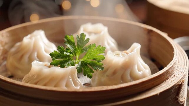 Steaming hot dumplings in a bamboo steamer, a delicious culinary delight.