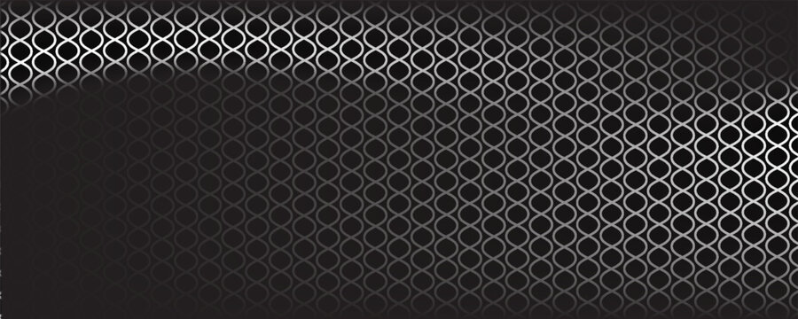 Black circular dots on white background. Mosaic holey print. Perforated metal texture. Peg board, radiator or speaker grill surface with repeated round holes. Vector graphic illustration.