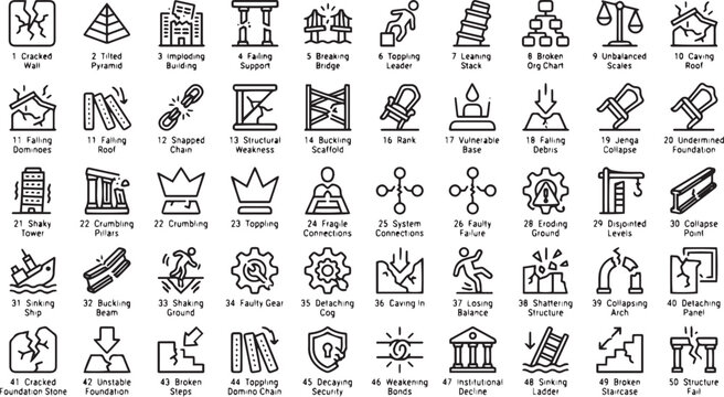Black and white icons depicting various structural failures and weaknesses in buildings and objects
