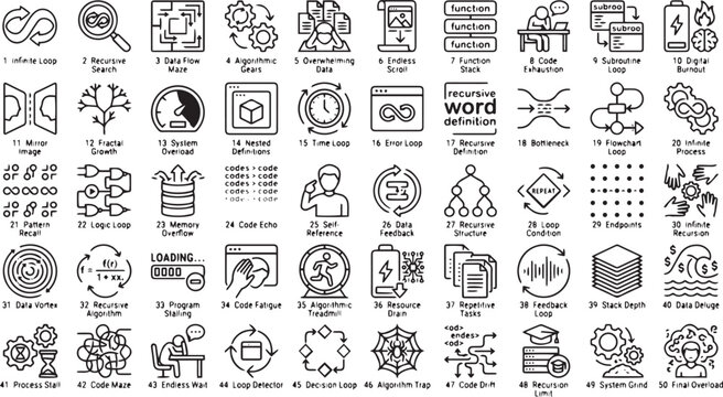 Collection of coding and programming concepts with various icons and symbols