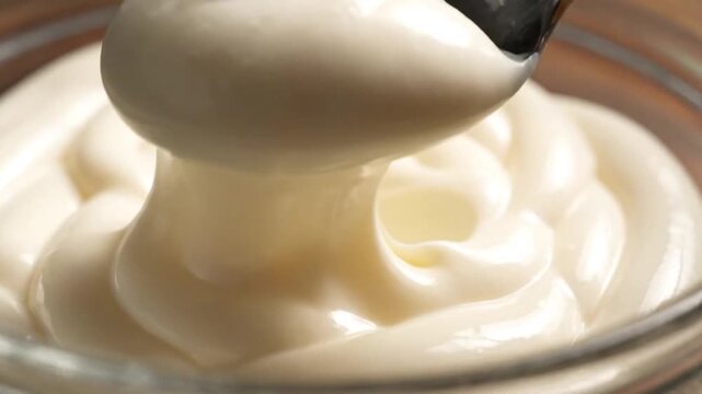 Creamy white sauce generously poured from a spoon into a glass jar, creating soft, inviting swirls.