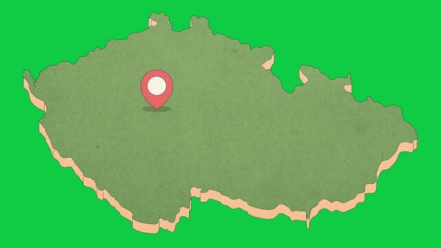 Animated Czech Republic Map with Bouncing Location Marker on Prague City, Transparent Background, Alpha Channel, 4K resolution