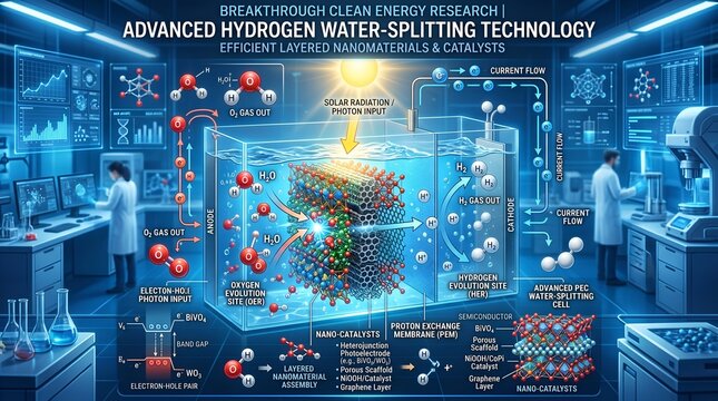 Futuristic hydrogen water-splitting technology lab with digital interface and molecular visualization in high-tech research facility