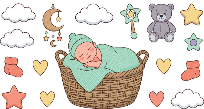 Cute Newborn Baby Sleeping in Wicker Basket Icon Set with Teddy Bear Clouds Stars Nursery Mobile and Socks Vector Illustration