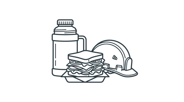 Line art illustration of a construction worker lunch break with a thermos sandwich and hard hat.