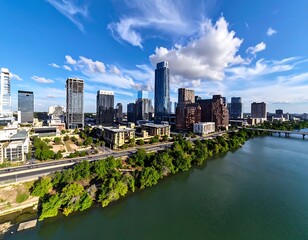 Obraz premium Aerial view of a city skyline along a river