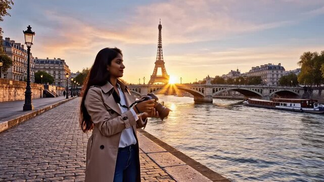 Woman taking photos of the Eiffel Tower in Paris at golden hour sunset