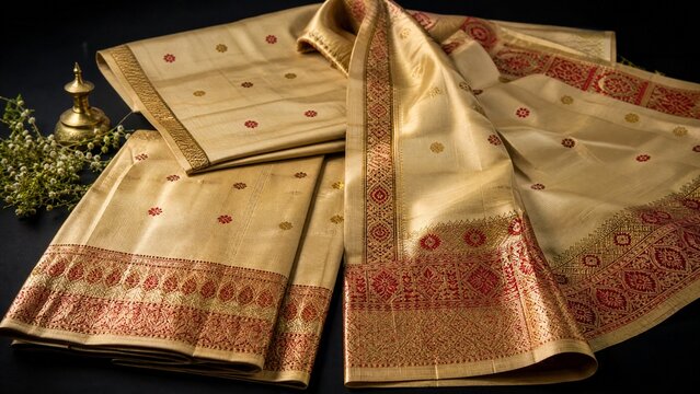 chador. Traditional Assamese silk garment with gold and red patterns on dark background. event programs, museum guides, designed for cultural heritage projects and event programs.