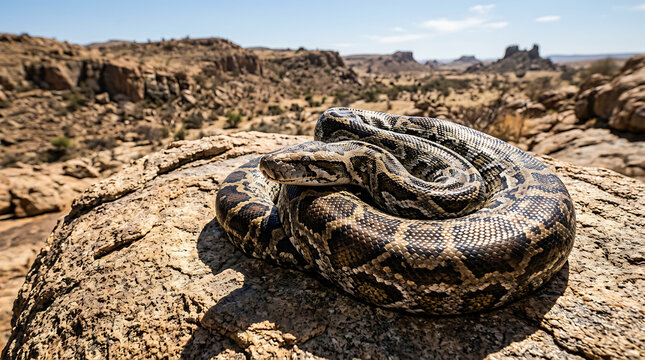 A large python coiled on a sun-warmed rock in a dry, arid landscape under a clear blue sky
