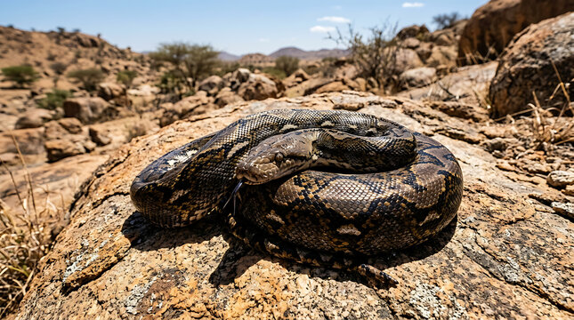 A large python coiled and resting on a sun-warmed rock in a dry, arid environment, showcasing its intricate scale patterns