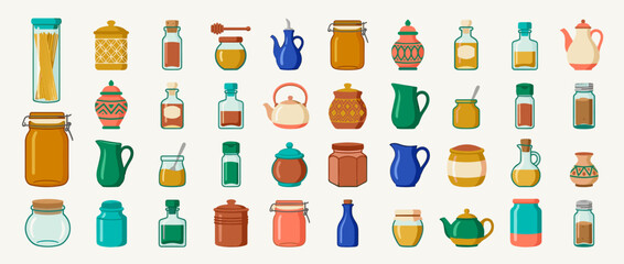 Fototapeta premium Hand drawn kitchen jar and bottle icon set with honey, jam, oil, and pitcher illustration in flat color