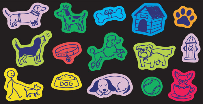 Colorful cartoon dog stickers and pet accessories on a black background, perfect for children's designs.