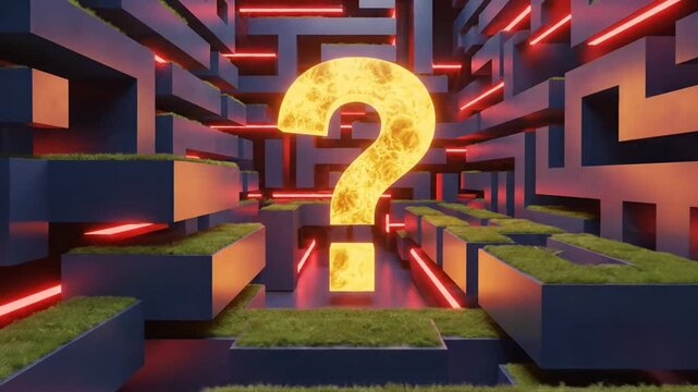 Glowing yellow question mark in futuristic maze with red neon