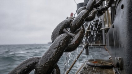 Naklejka premium hauling. A heavy ship's anchor chain being pulled from the sea, water dripping, overcast day. mobility guides, transit brochures, designed for mobility and urban transit guides.