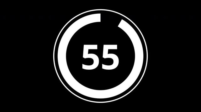60 second countdown timer with circular progress ring overlay, transparent background, 4K alpha channel