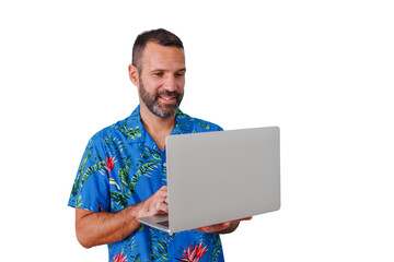 Man in an aloha shirt using a laptop, smiling, enjoying remote work and digital nomad lifestyle, transparent background © Komora