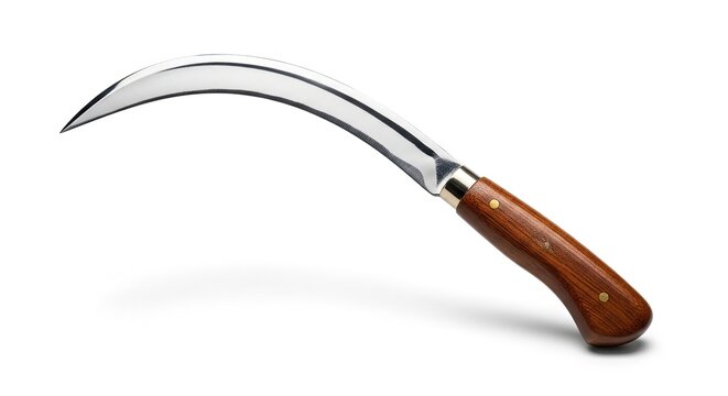 Traditional steel curved harvesting sickle with a polished wooden handle isolated on a crisp white background for agricultural manual farming field work