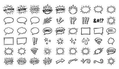 Comic Book Text Effect and Speech Bubble Set with Sound Effects Explosion Clouds and Burst Shapes for Creative Pop Art Graphic Designs © MdGohurul