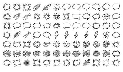 Comic Book Speech Bubble and Explosion Icon Set with Lightning Bolts Sparks Clouds and Pop Art Elements for Creative Graphic Design © MdGohurul