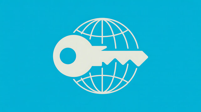 White key with globe on blue background, symbol