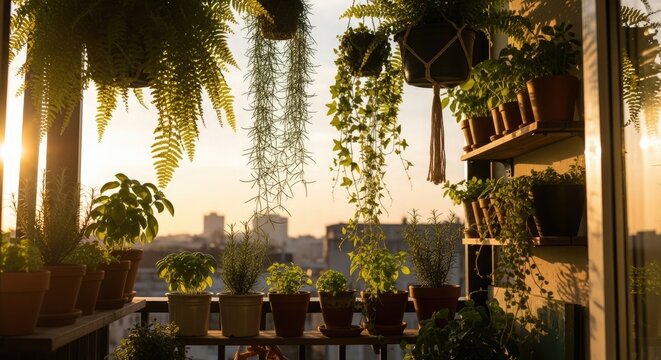 Lush balcony garden with hanging ferns and potted herbs overlooking a city skyline at golden hour sunset, creating a serene urban oasis for greenery