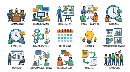 Fototapeta premium Business Meeting Icons: Teamwork, Presentation, Planning, Deadlines, Ideation, Strategy
