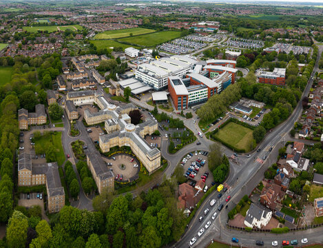 Aerial view of Pinderfields NHS hospital in Wakefield, West Yorkshire, UK