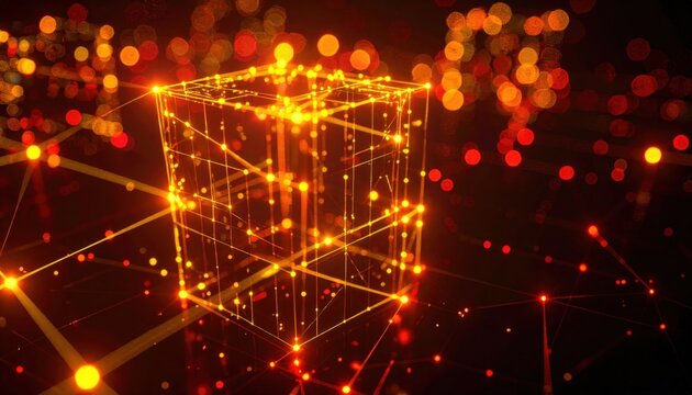 Glowing geometric cube structure with network connections and bokeh lights
