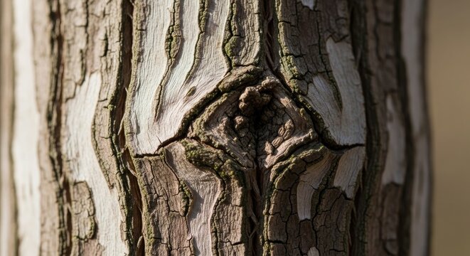 Close up of textured tree bark showing a natural eye shaped knot on the trunk of a plane tree with peeling layers of white green and brown wood bark