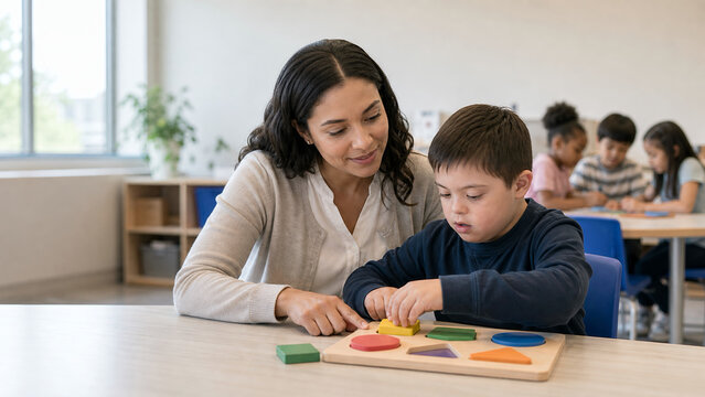 Teacher Supporting Student with Tactile Learning Activity