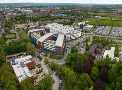 Aerial view of Pinderfields NHS hospital in Wakefield, West Yorkshire, UK