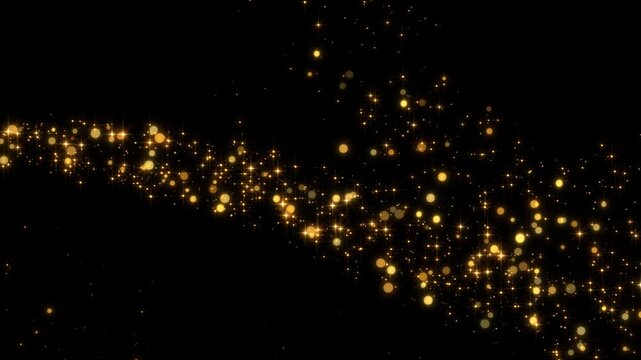 golden stars and bokeh lights sparkle glitters light long trail alpha channel loop 4k animation, shiny glowing gold particles overlay motion design element