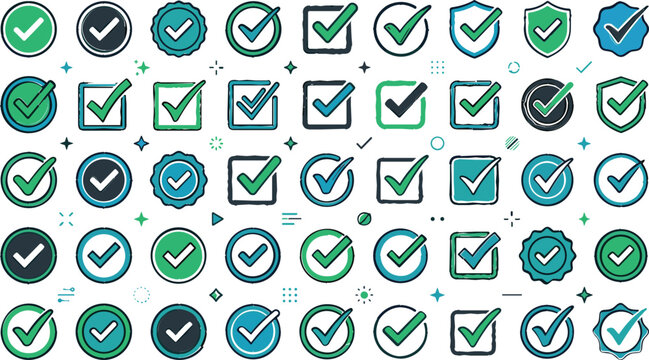 Check mark icons set with various green tick symbols in circles