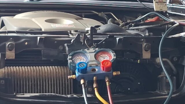 Professional auto mechanic calmly inspecting and servicing a vehicle air conditioning system in a modern, well-equipped auto repair garage.