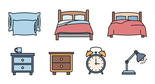 Bedroom Furniture Set - Bed, Nightstand, Alarm Clock, Lamp Vector Icons