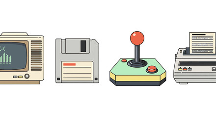 Retro tech icons set featuring vintage monitor disk joystick printer © Ibnu