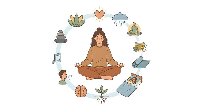 Mental Wellness and Self Care Routine Illustration with Meditation Mindfulness Sleep Yoga Breathing and Healthy Lifestyle Elements