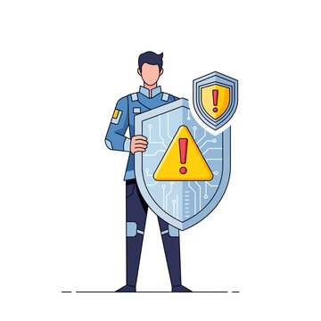 Cybersecurity Guard with Shields and Warning Signs - Digital Protection Concept