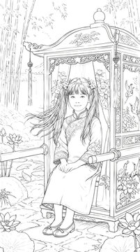 Girl in traditional Chinese attire seated in ornate palanquin amid blooming garden &mdash; spring festival scene symbolizing innocence, luck, and cultural heritage