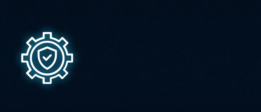 Neon Shield Inside Gear Icon Representing Security and Protection